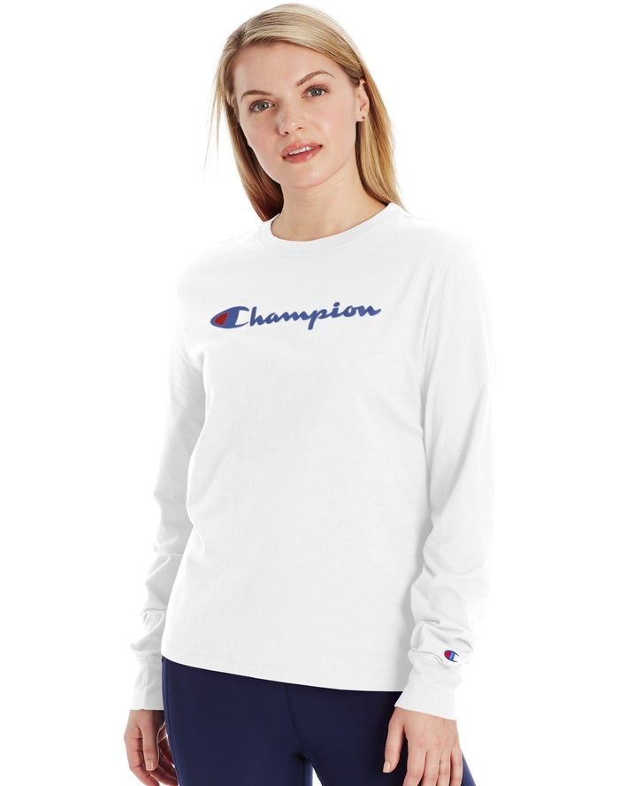 Champion Classic Long-Sleeve Script Logo T-Shirt Dames - Wit - Belgie 5670VUODN